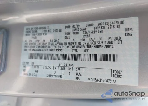 2019 Ford Escape Se из США, поврежденный, VIN 1FMCU0GD7KUB21335